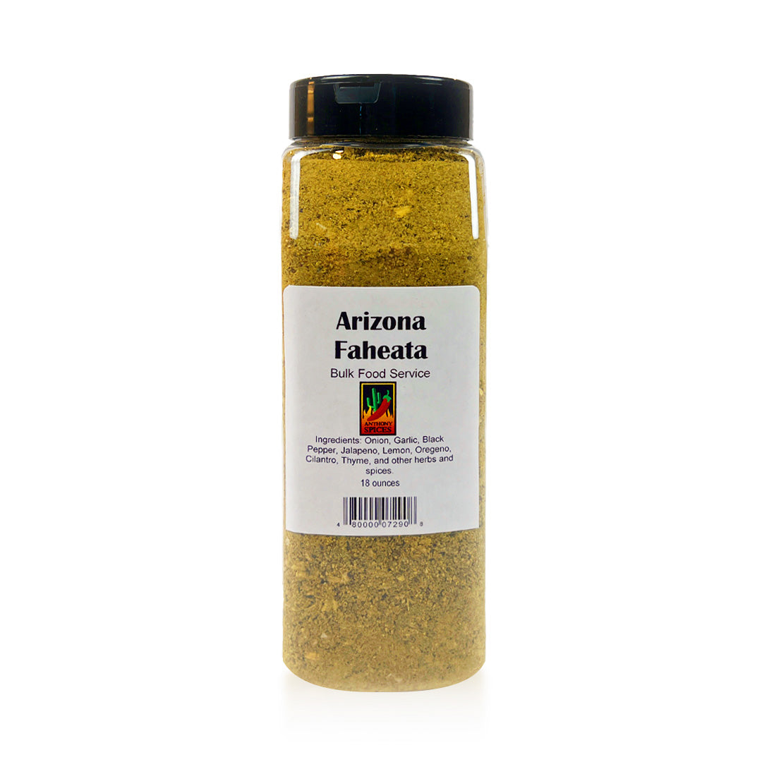 16oz Bottle of Arizona Faheata Spice Blend - Large container filled with yellow-beige spice blend
