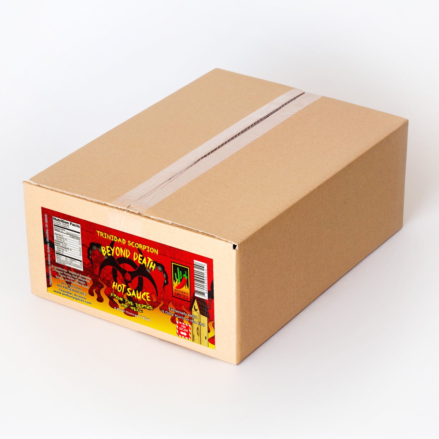 Case of 12 (5 fl oz Bottles) of Trinidad Scorpion Beyond Death Hot Sauce - Closed shipping box with label