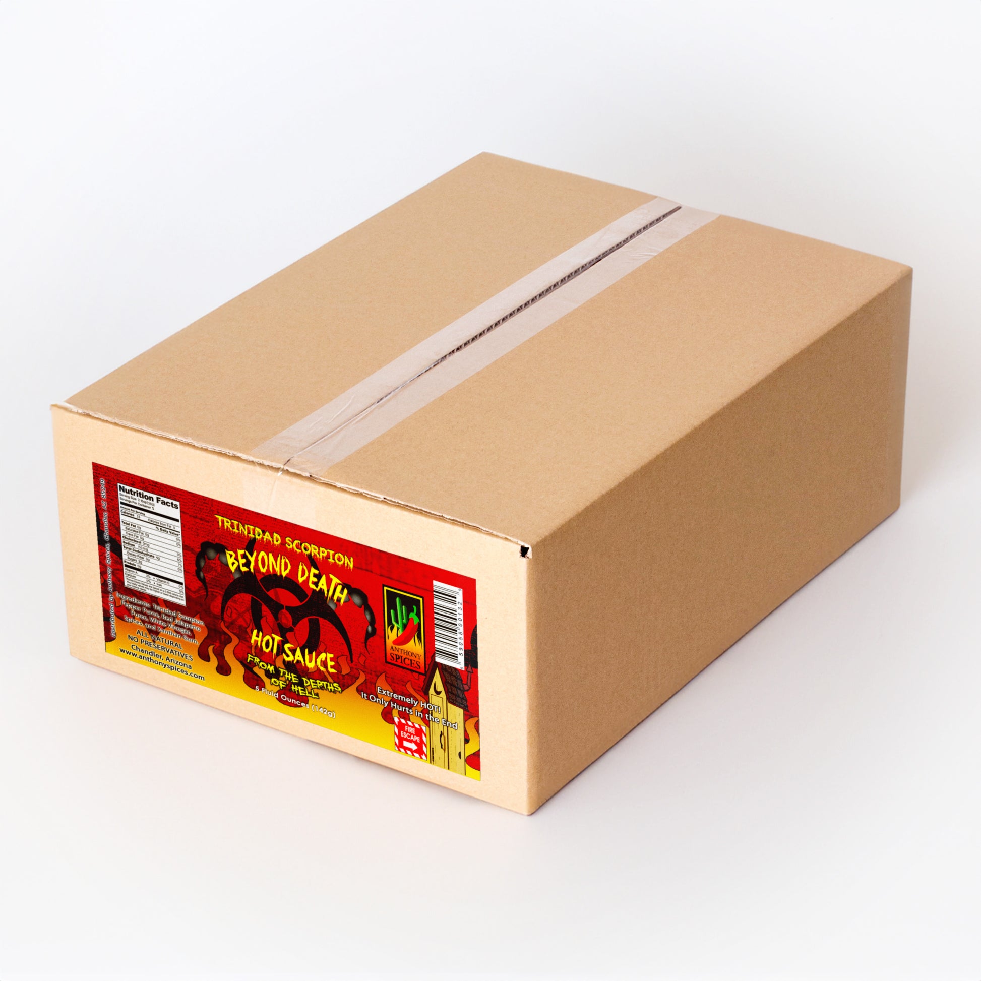 Case of 12 (5 fl oz Bottles) of Trinidad Scorpion Beyond Death Hot Sauce - Closed shipping box with label