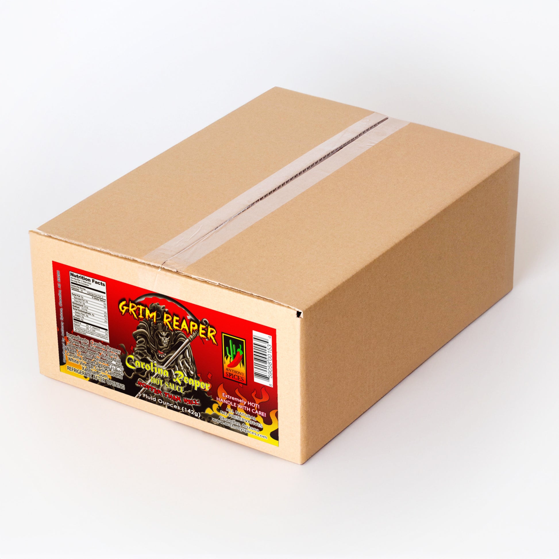 Case of 12 (5 fl oz Bottles) of Carolina Grim Reaper Hot Sauce - Closed shipping box with label