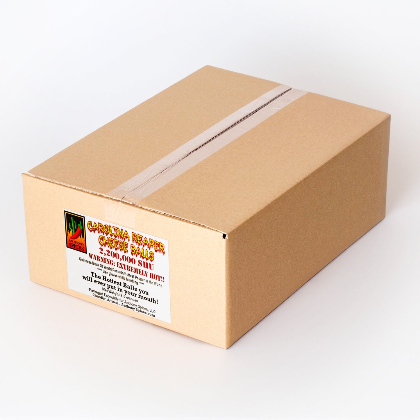 Case of 12 (2oz Bags) of Carolina Reaper Cheese Balls - Closed shipping box with label