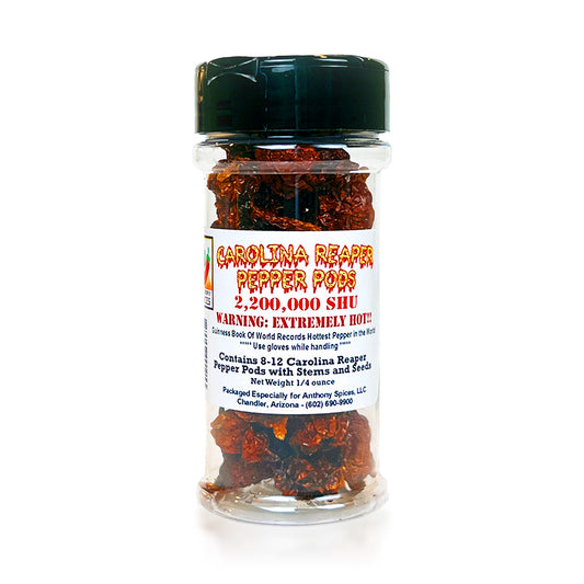 0.25 oz Bottle of Carolina Reaper Pepper Pods - Dried, red, intensely hot pods