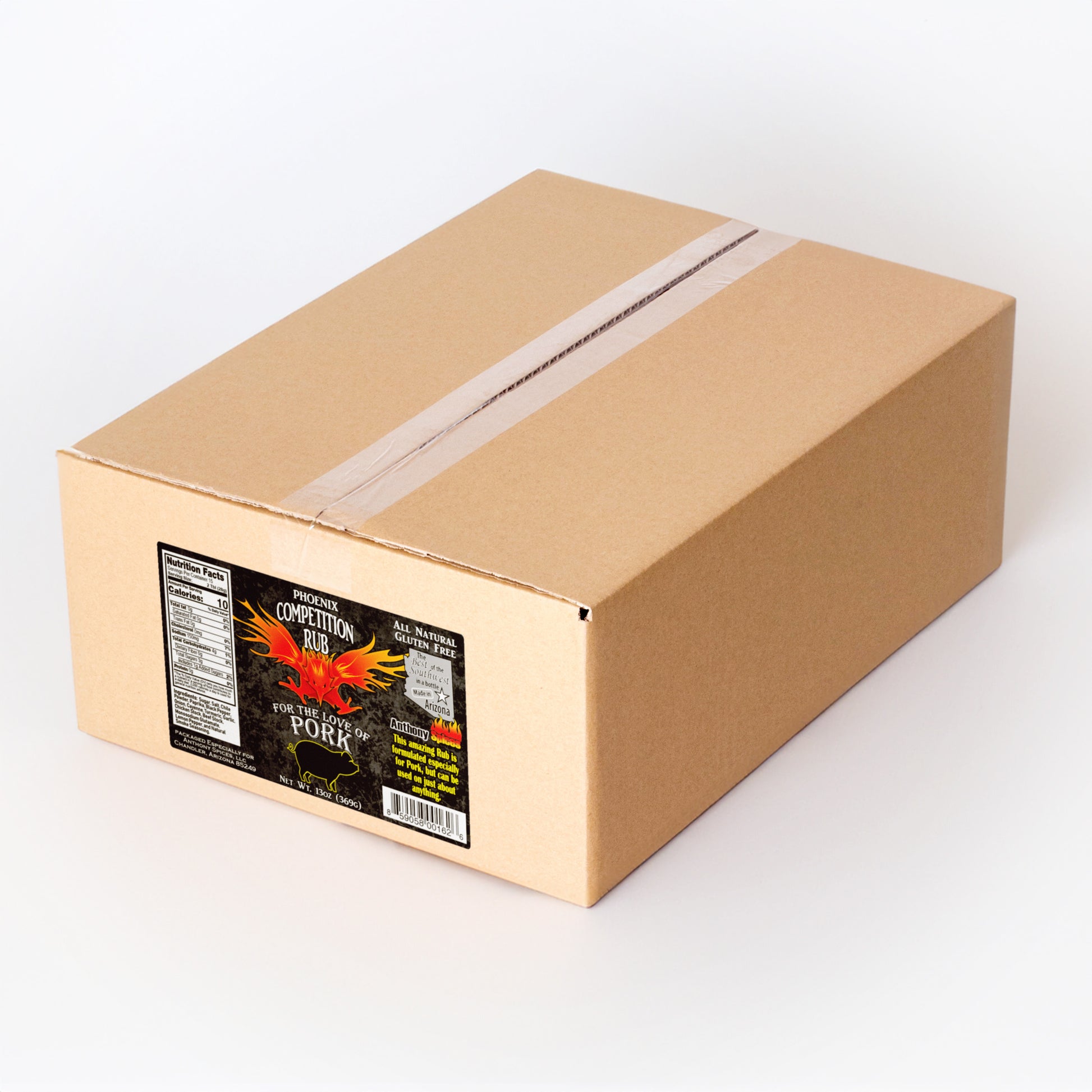 Case of 12 (13oz Bottles) of Competition Pork Rub - Closed shipping box with label