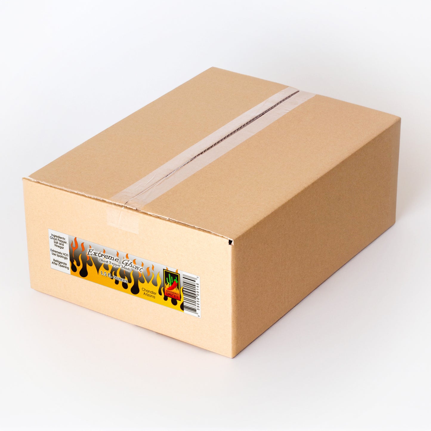 Case of 12 (1.5oz Jars) of Extreme Ghost Pepper Mash - Closed shipping box with label