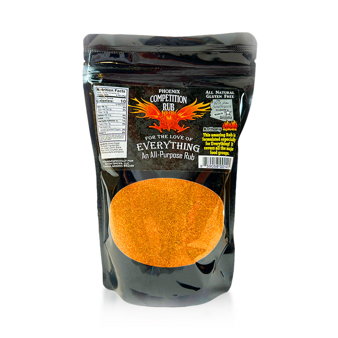 16oz Bag of Phoenix Competition Everything Rub - Orange spice blend in black bag