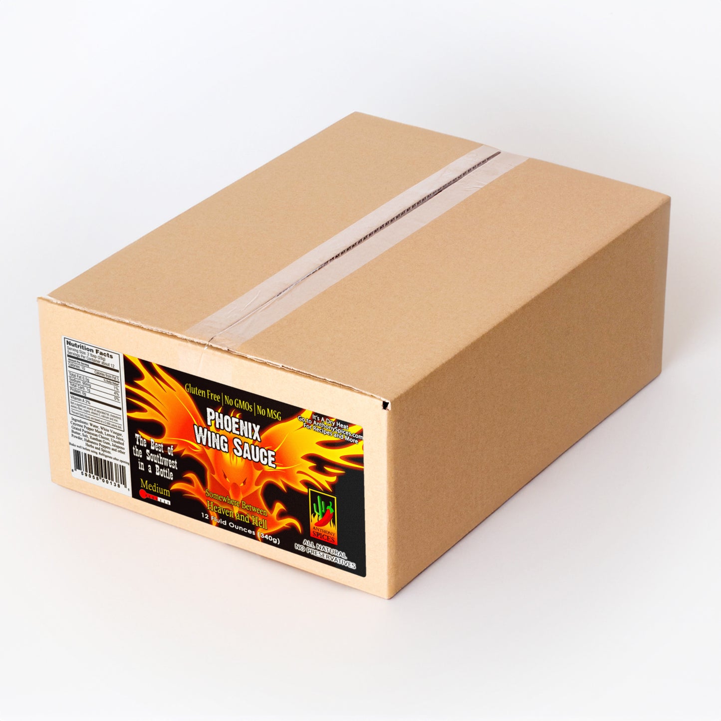 Case of 12 (12 fl oz Bottles) of Phoenix Wing Sauce - Closed shipping box with label