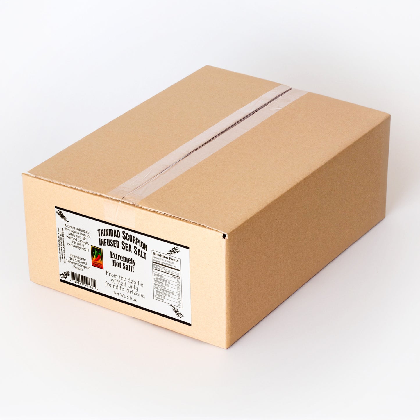 Case of 12 (5oz Bottles) of Trinidad Scorpion Infused Sea Salt - Closed shipping box with label