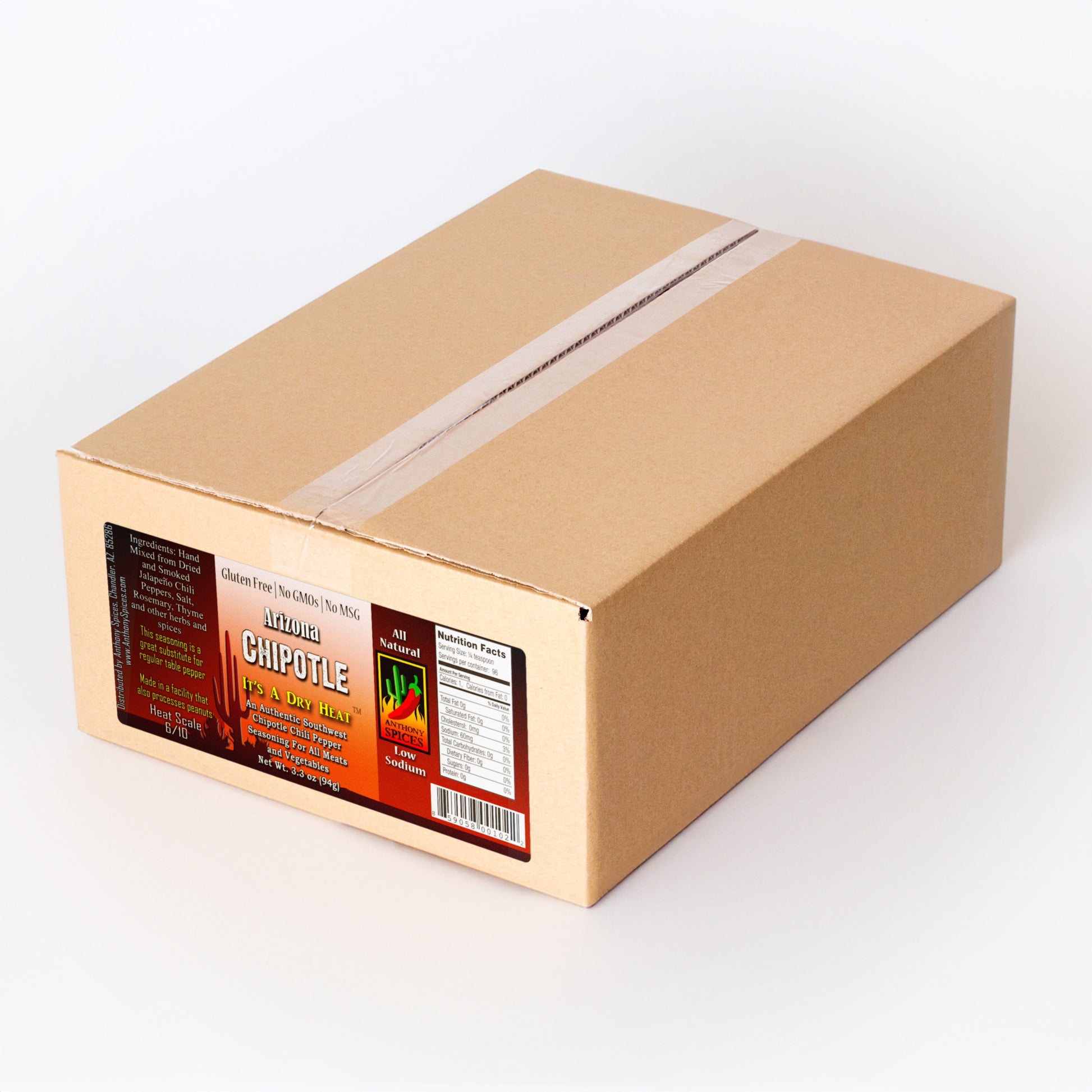 Case of 12 (3.3oz Bottles) of Arizona Chipotle Spice - Closed shipping box with label