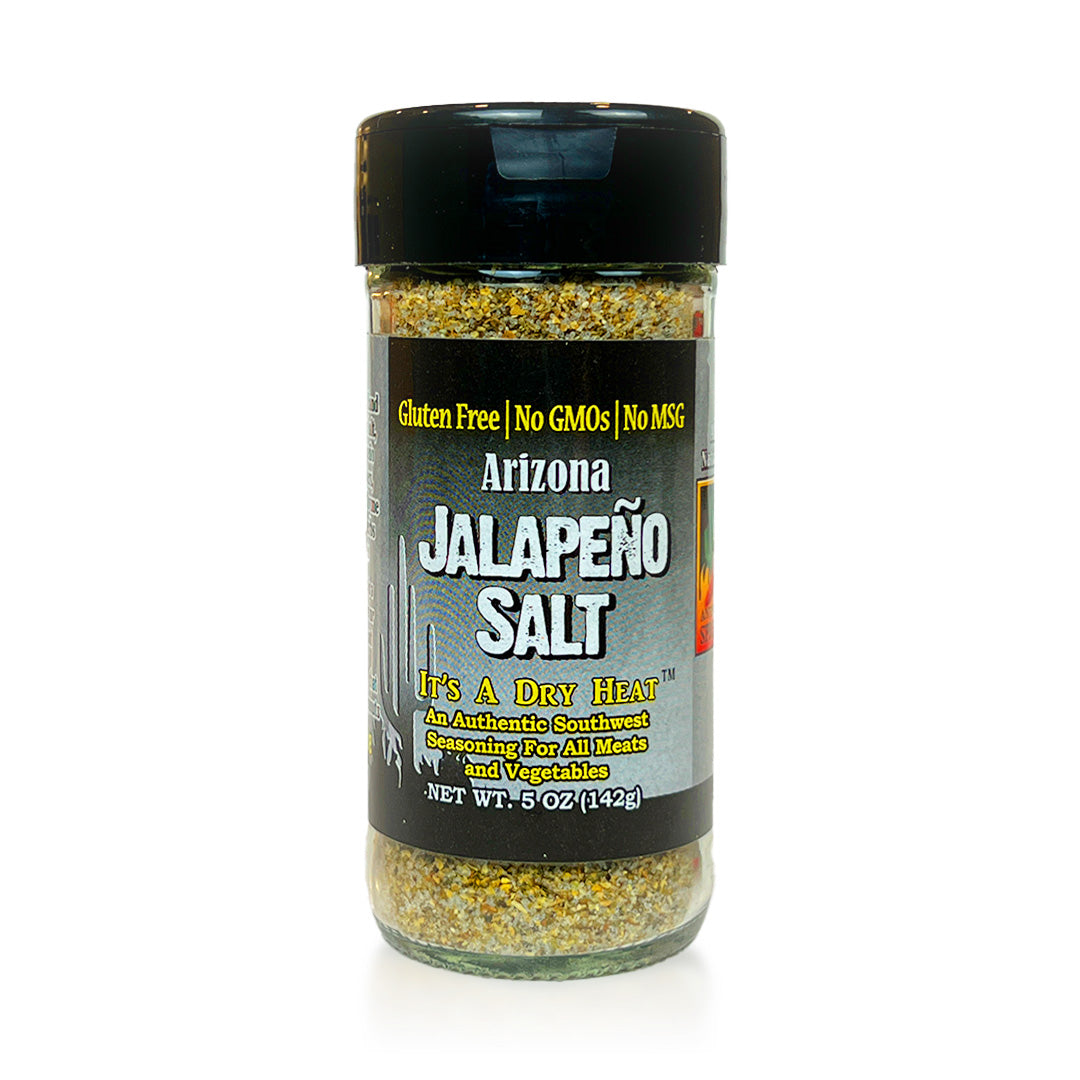 5.0oz Bottle of Arizona Jalapeño Salt - Blend of beige and yellow spices in shaker container