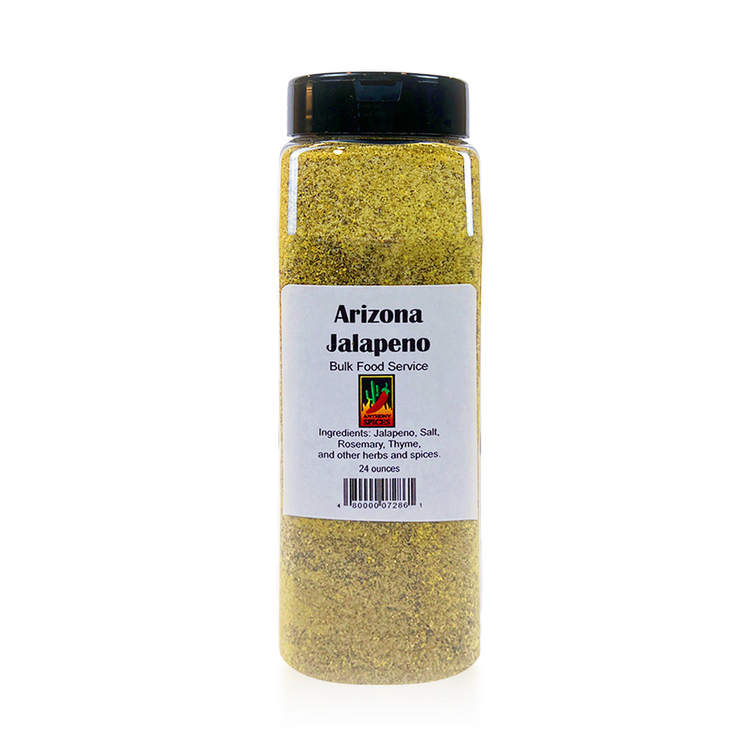 24oz Bottle of Arizona Jalapeno Spice - Large container filled with yellow-green spice blend