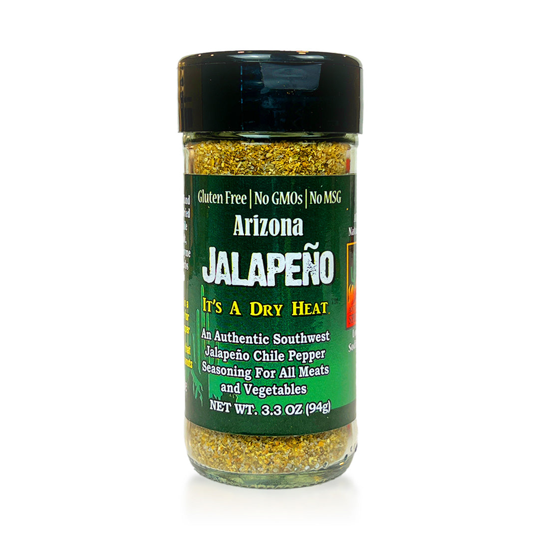 3.3oz Bottle of Arizona Jalapeno Spice - Vibrant yellow-green blend in shaker container