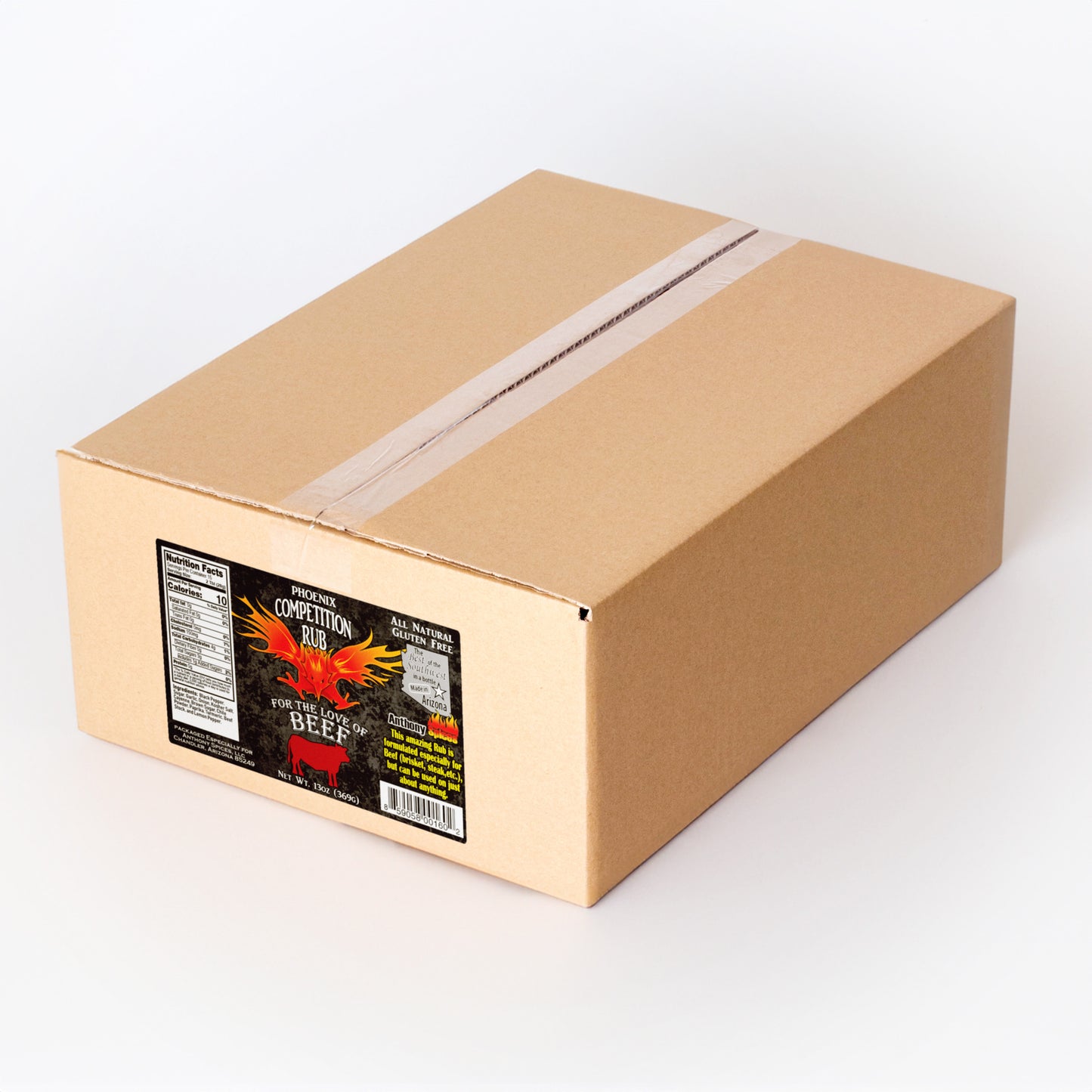 Case of 12 (13oz Bottles) of Competition Beef Rub - Closed shipping box with label