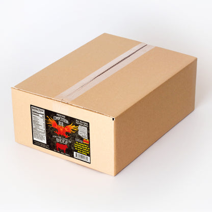 Case of 12 (13oz Bottles) of Competition Beef Rub - Closed shipping box with label
