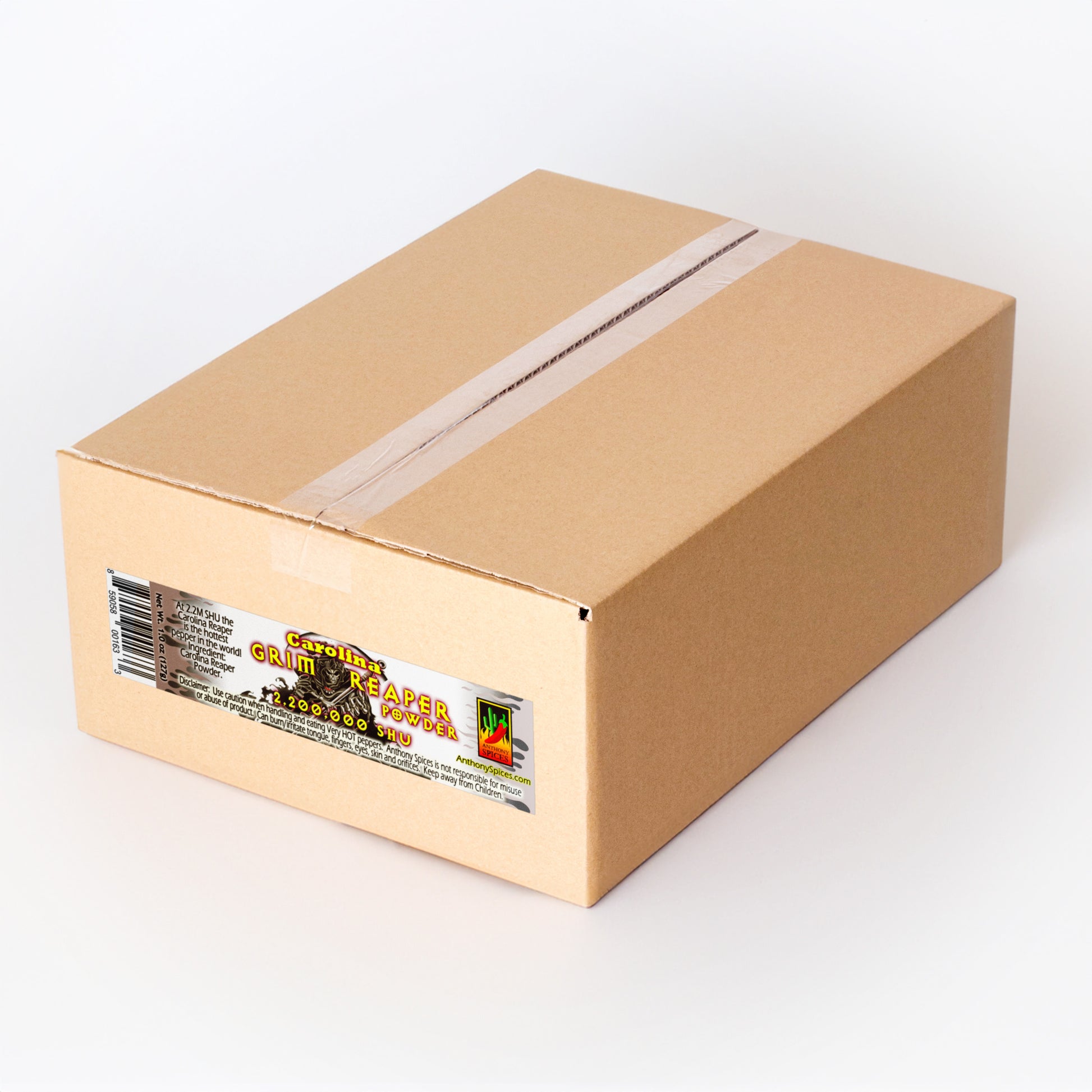 Case of 12 (1oz Bottles) of Carolina Grim Reaper Powder - Closed shipping box with label