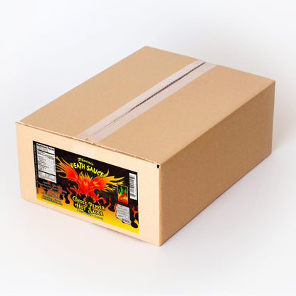 Case of 12 (5 fl oz Bottles) of Phoenix Ghost Pepper Death Hot Sauce - Closed shipping box with label
