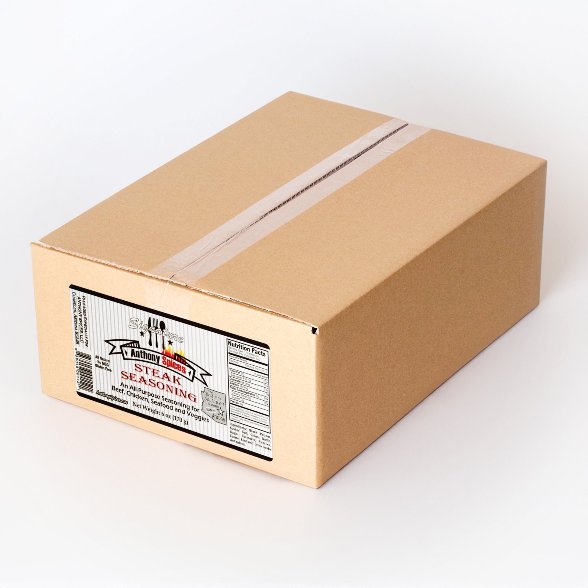 Case of 12 (6oz Bottles) of Signature Steak Seasoning - Closed shipping box with label